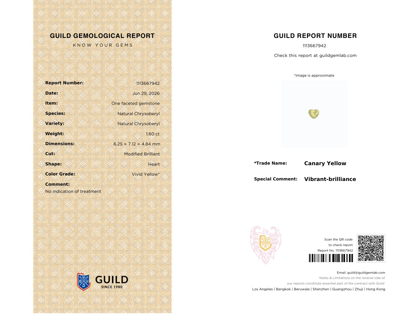 A two-panel GUILD GEMOLOGICAL REPORT template showing the front cover with beige patterned background and details on the right, including a QR code and barcode.