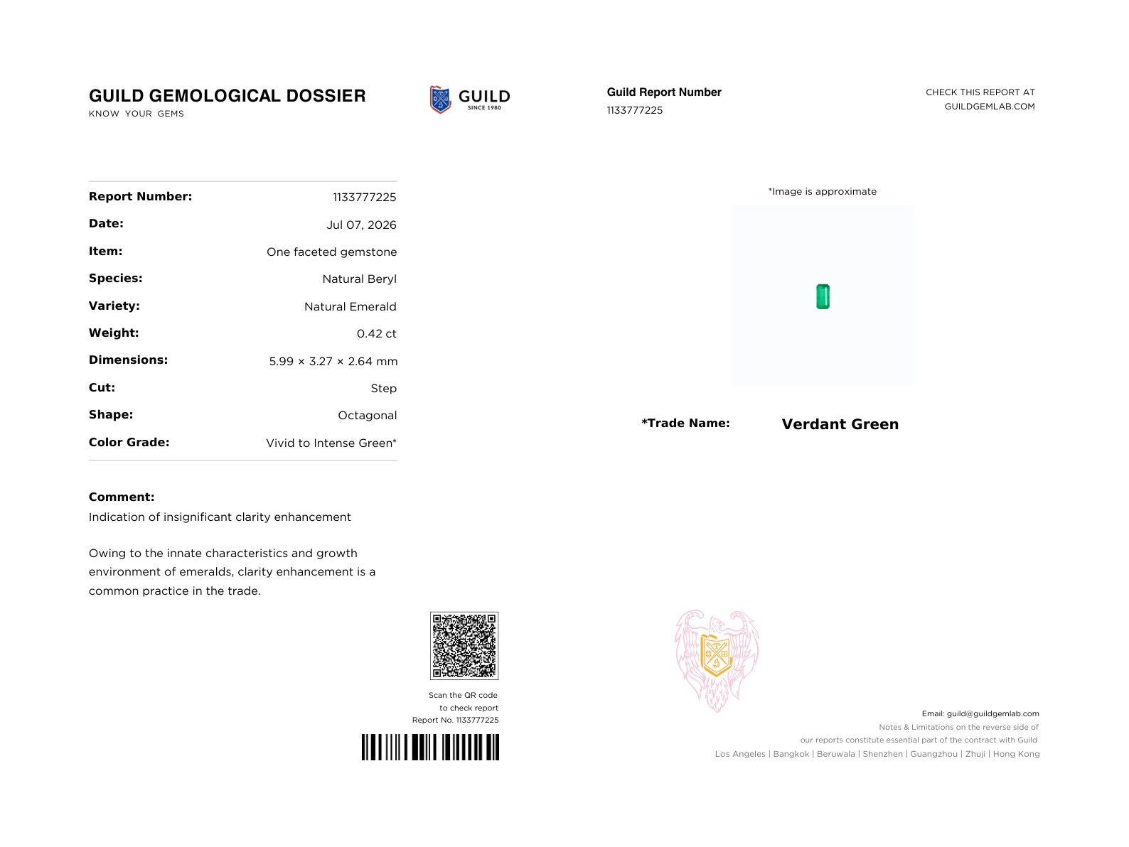 A gemological certificate document from Guild Gemological Services for a natural beryl stone, showing report details, dimensions, color grade, and a QR code on a white background.